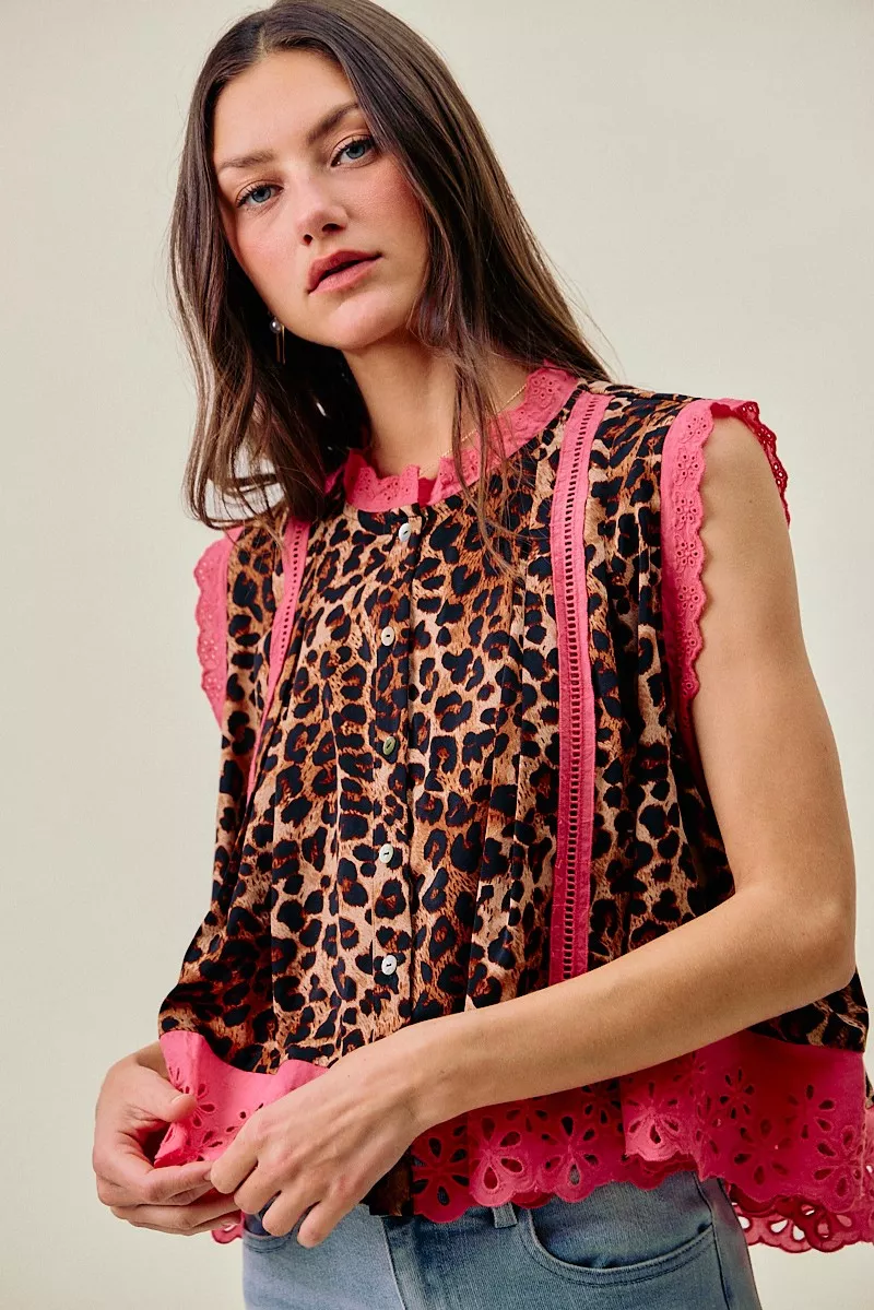 Leopard Button Up Pleated Sleeveless Blouse, image 9