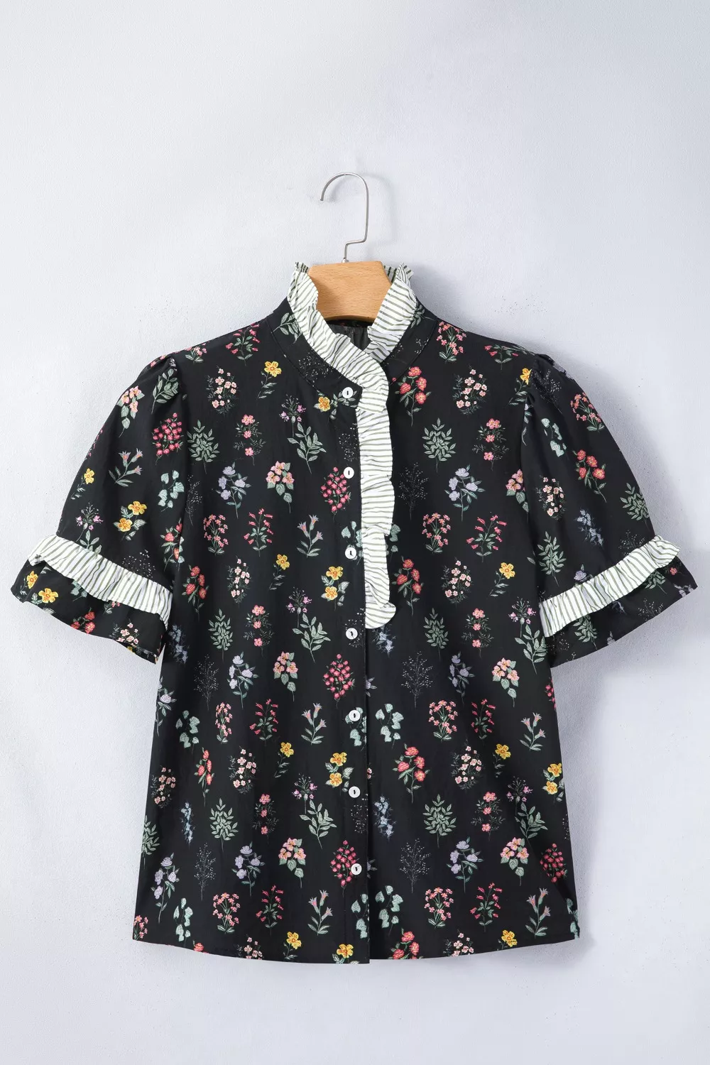 Contrast Frilled Trim Short Sleeve Floral Shirt, image 2