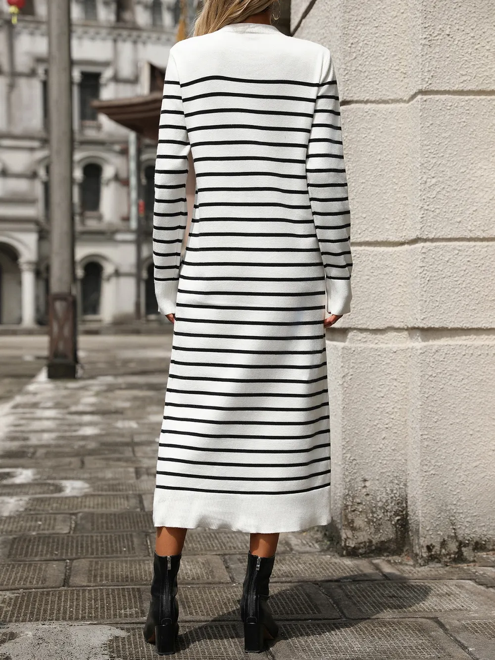 Striped Round Neck Long Sleeve Dress, image 3