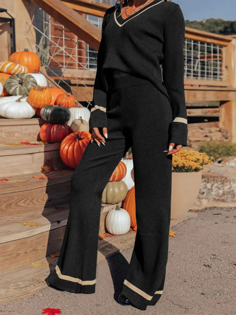 V-Neck Long Sleeve Top and Pants Set, image 3