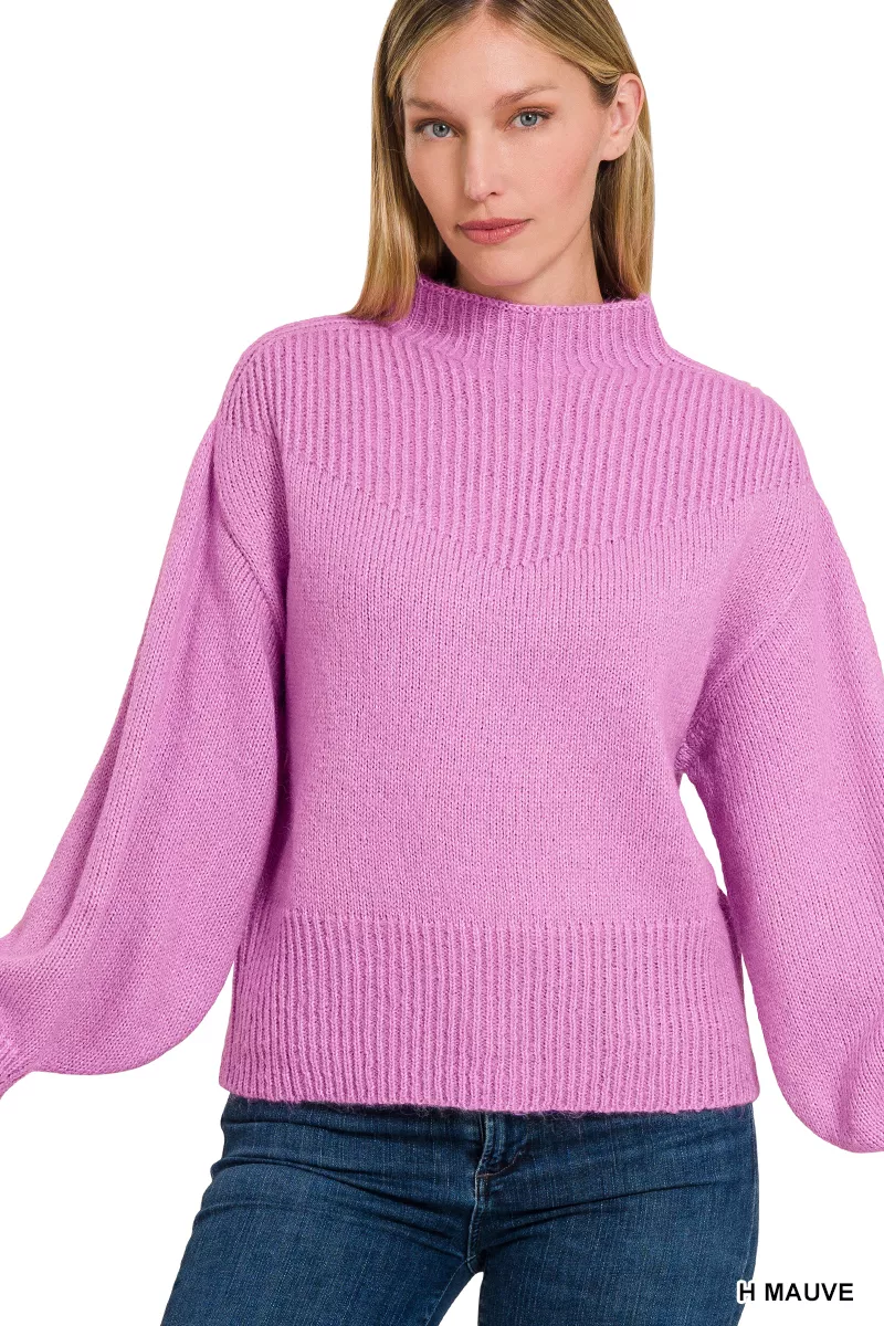 Balloon Sleeve Mock Neck Sweater, image 3