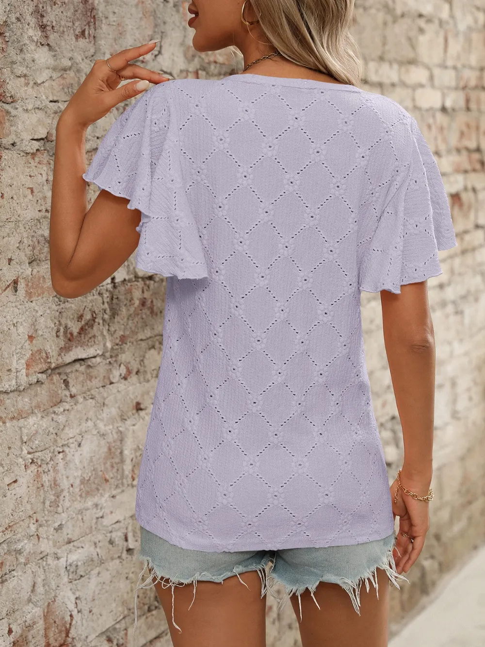 Eyelet Round Neck Flutter Sleeve Top, image 7