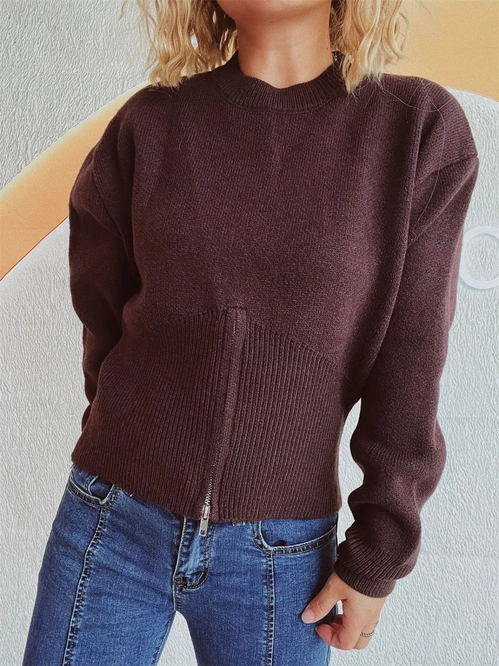 Round Neck Half Zip Long Sleeve Sweater, image 11