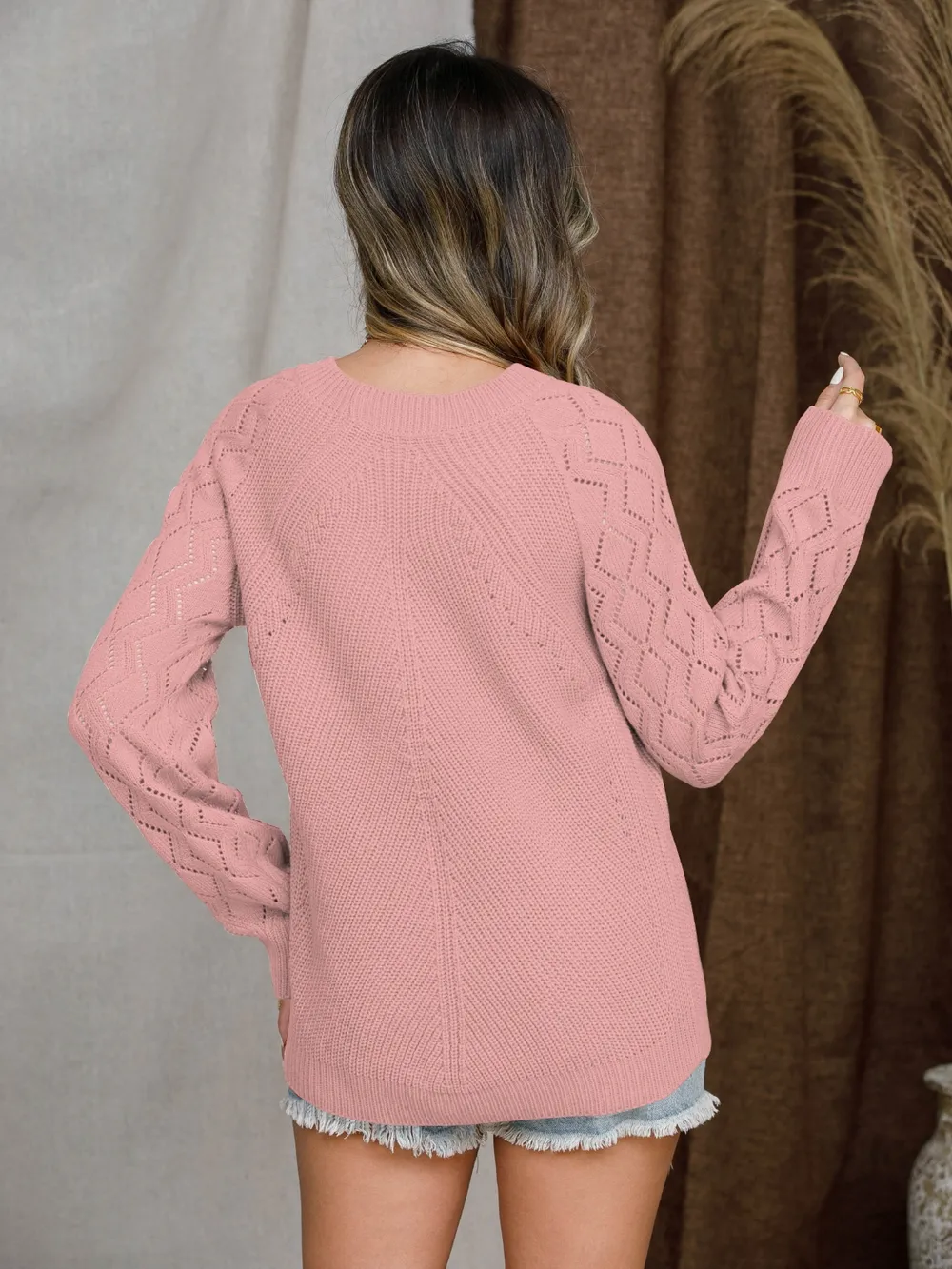 Openwork Round Neck Raglan Sleeve Sweater, image 17