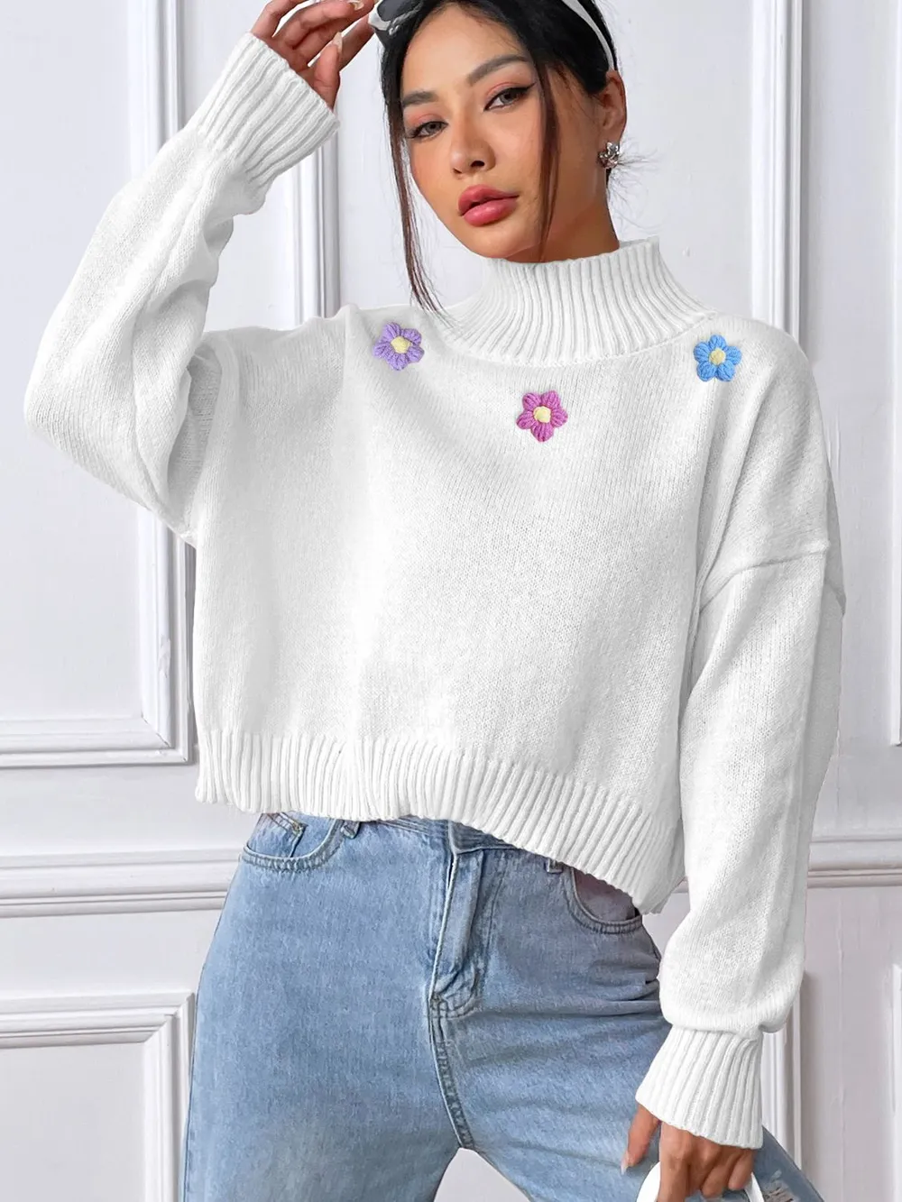 Flower Turtleneck Long Sleeve Sweater, image 6