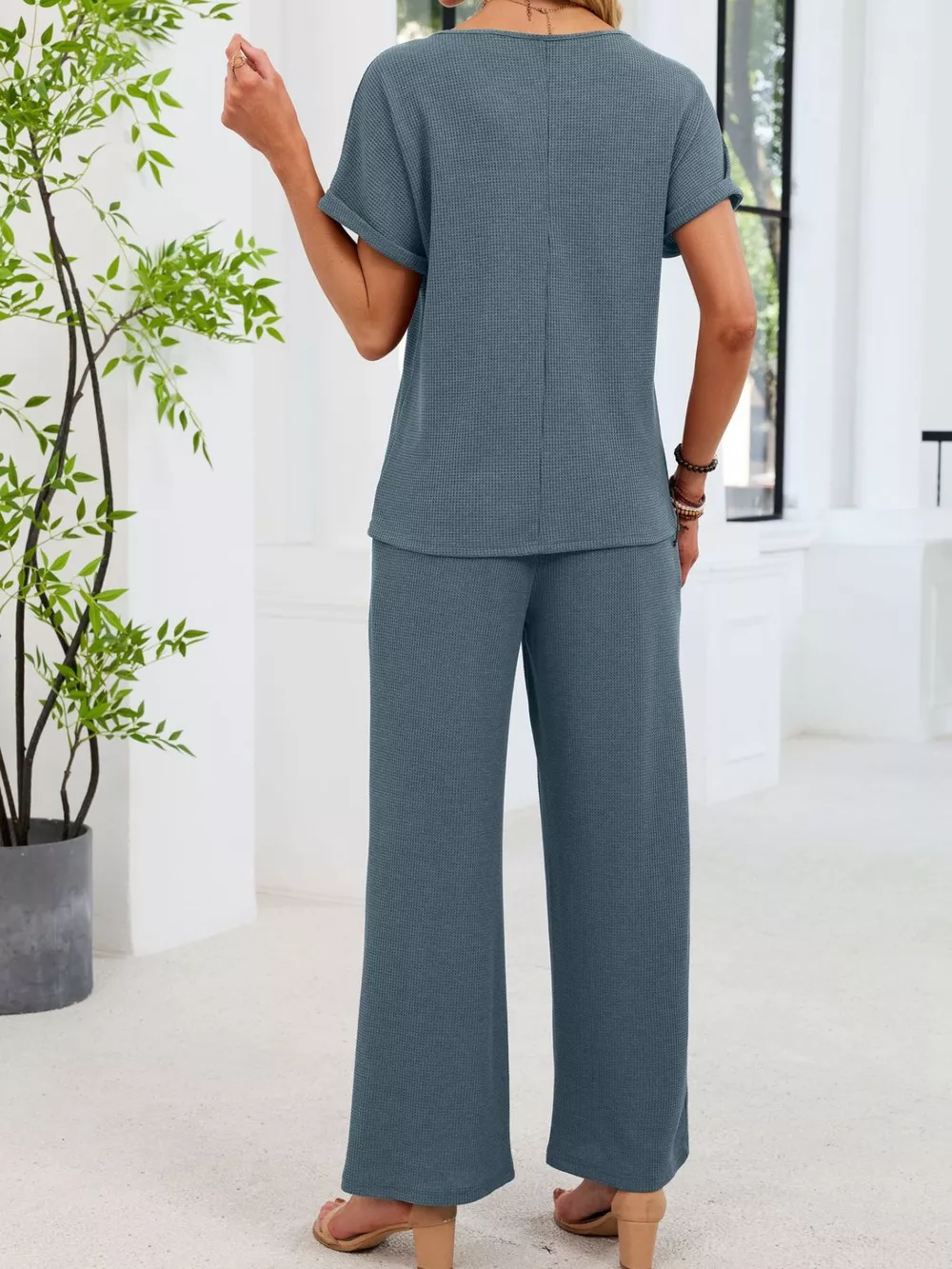 Lace Detail Short Sleeve Top and Pants Set, image 6