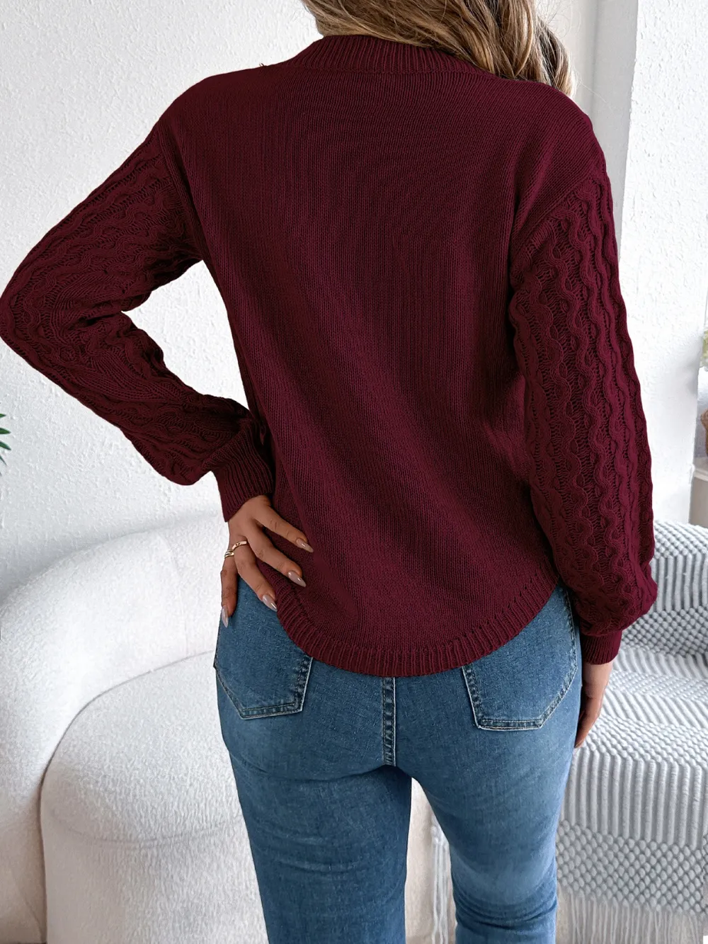 Asymmetric Hem Round Neck Long Sleeve Sweater, image 10