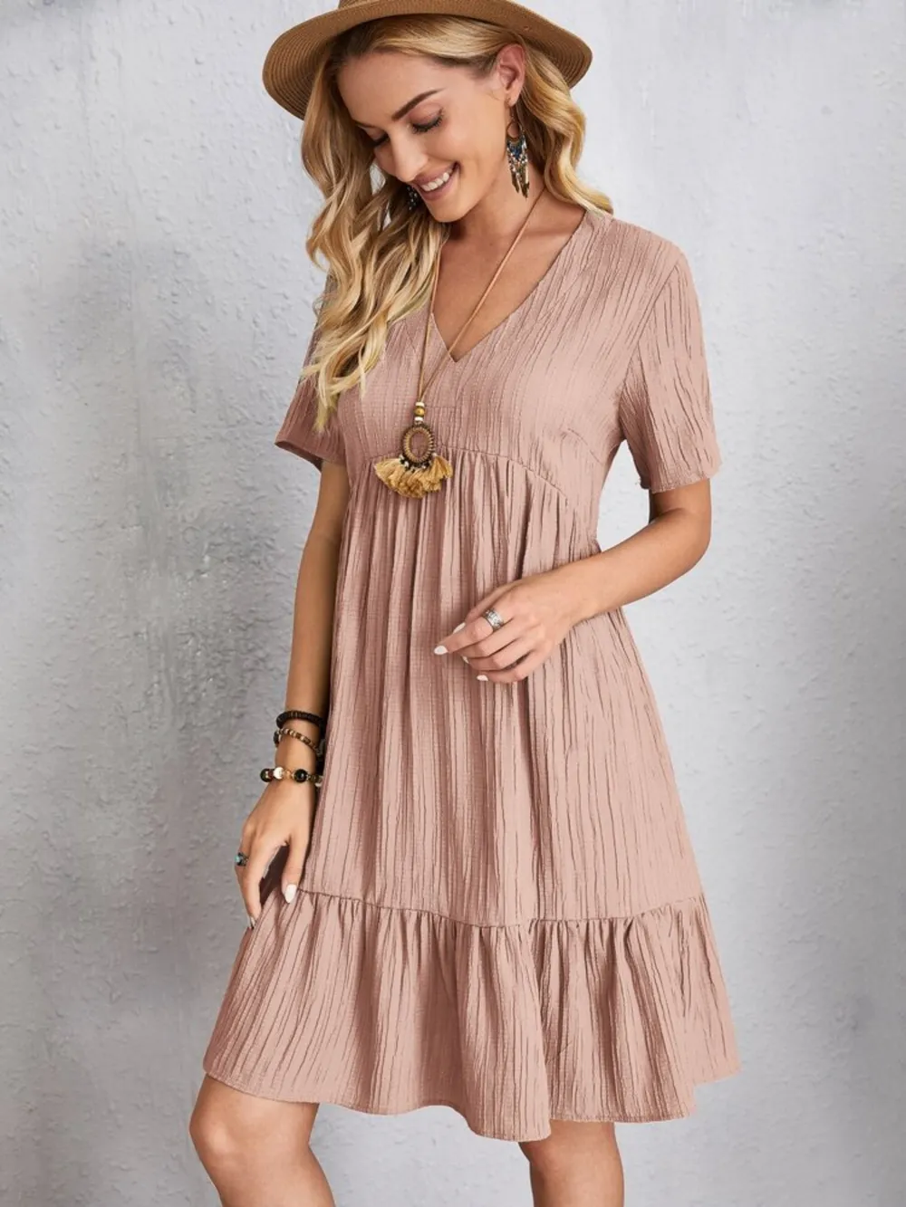Full Size V-Neck Short Sleeve Dress, image 5