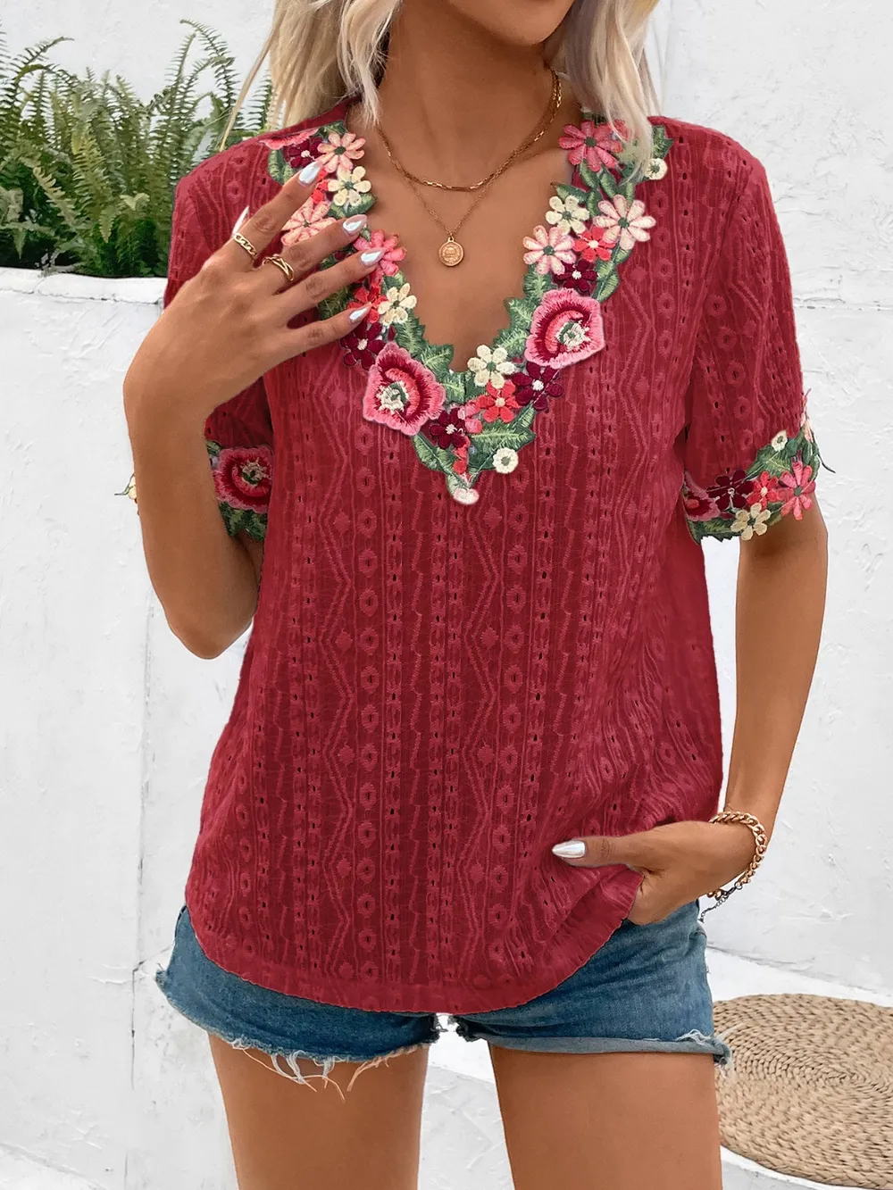 Eyelet Embroidered V-Neck Short Sleeve Blouse, image 4