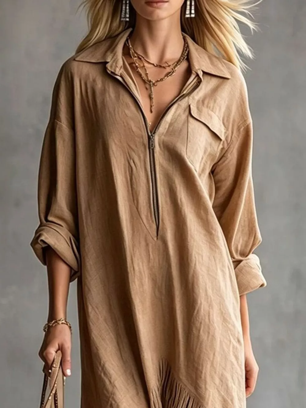 Zipper-Front Fringe Hem Midi Dress, image 10