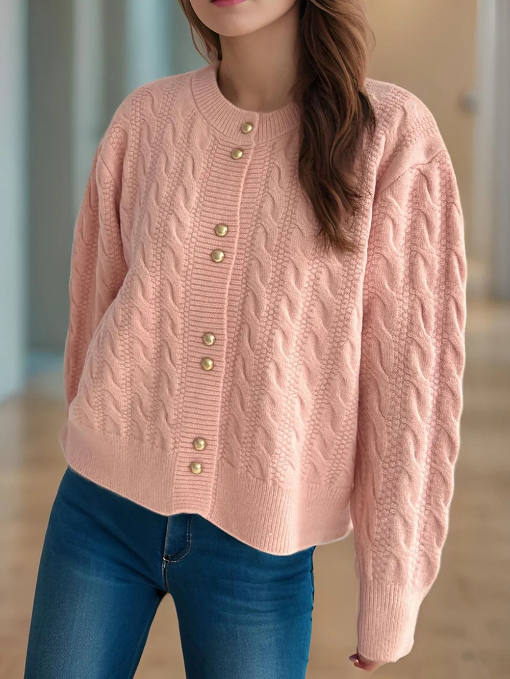Cable-Knit Round Neck Long Sleeve Cardigan, image 8