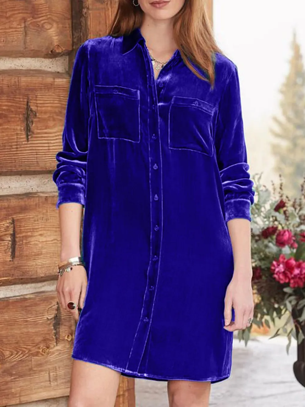 High-Low Button Up Long Sleeve Knee Length Dress, image 5
