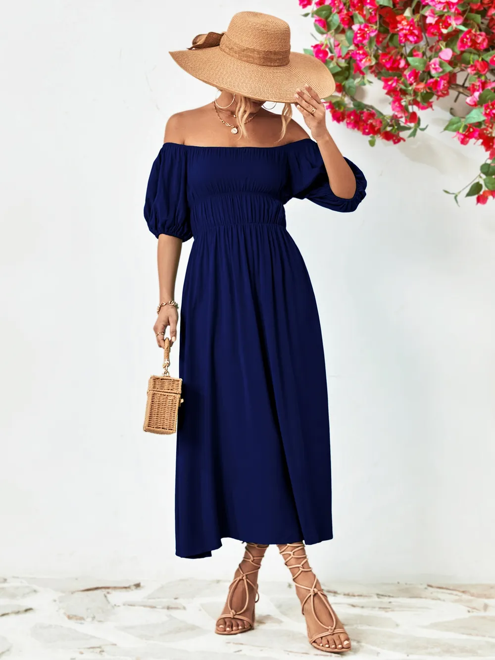 Off-Shoulder Puff Sleeve Smocked Maxi Dress, image 6