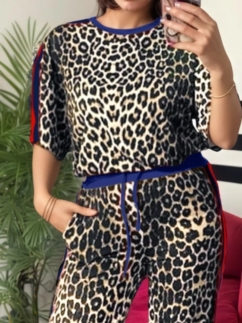 Leopard Round Neck Top and Pants Two-Piece Set, image 2