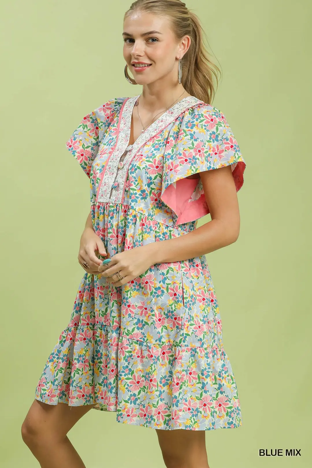 Mix Floral Tiered Mini Dress with Side Pockets, image 2