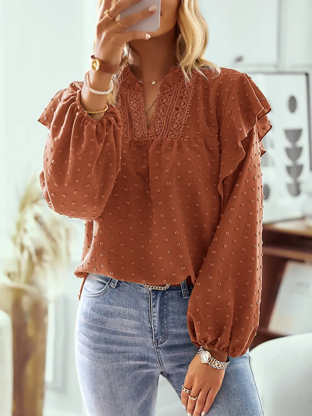 Swiss Dot Ruffled Long Sleeve Blouse, image 15