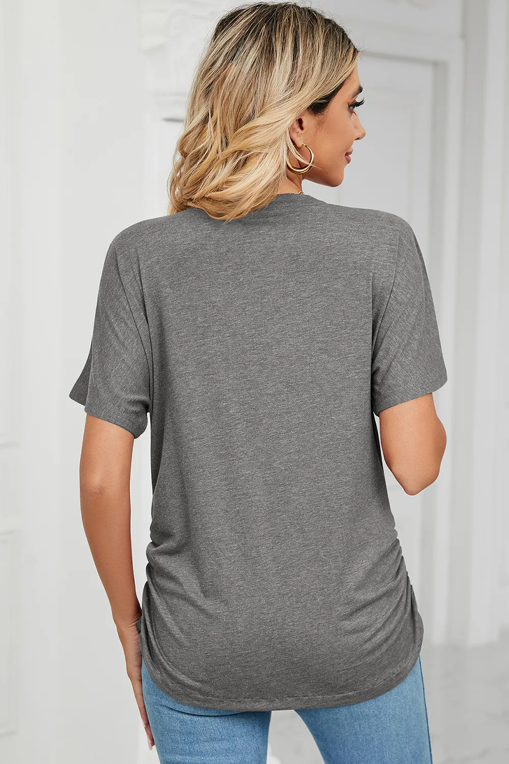 Ruched V-Neck Short Sleeve T-Shirt, image 5