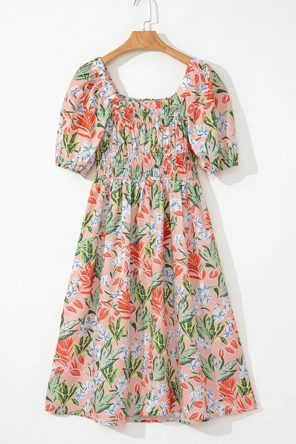 Floral Smocked Square Neck Puff Short Sleeve Midi Dress, image 7