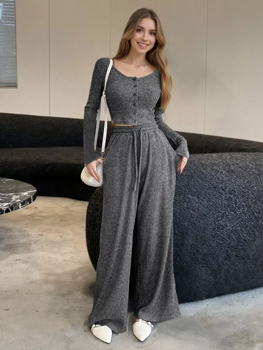 Casual Knit Long Sleeve Top and Wide Leg Pants Set, image 3