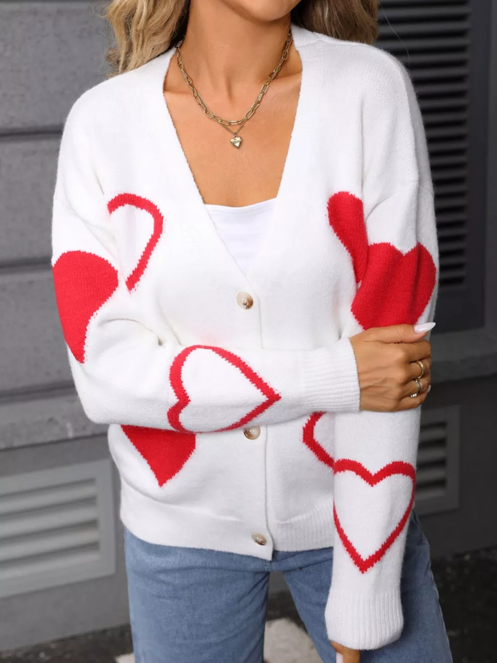 Valentine's Day Heart Pattern Button-Up Knit Cardigan, image 9
