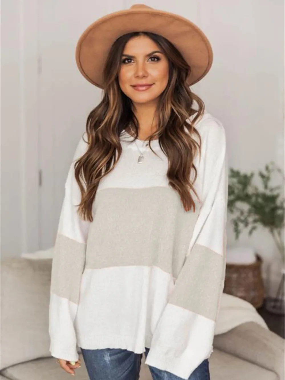 Color Block Round Neck Long Sleeve Sweater, image 5