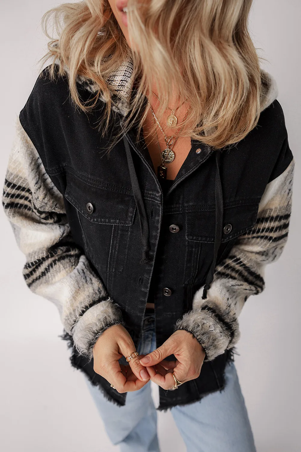 Drawstring Raw Hem Button Up Hooded Denim Jacket, image 2