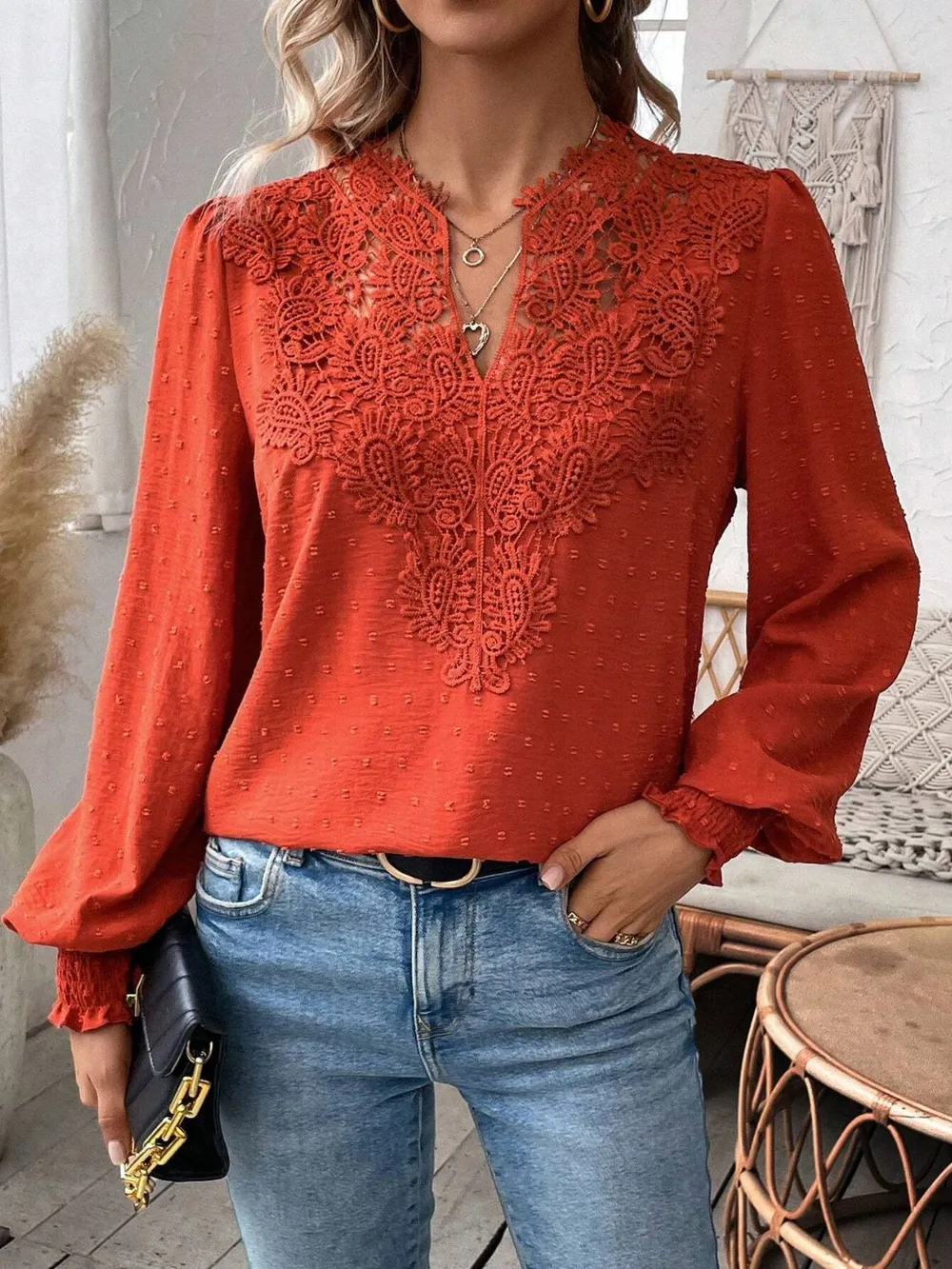 Swiss Dot Lace Detail Notched Long Sleeve Blouse, image 8