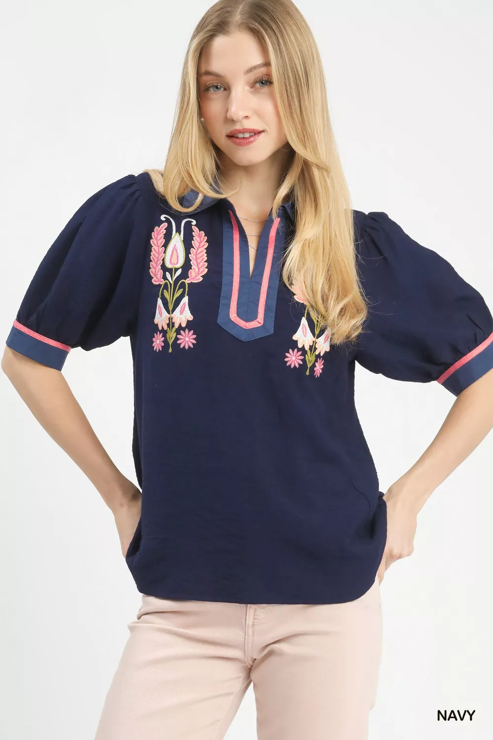 Embroidered Puff Sleeve Contrast Trim Top