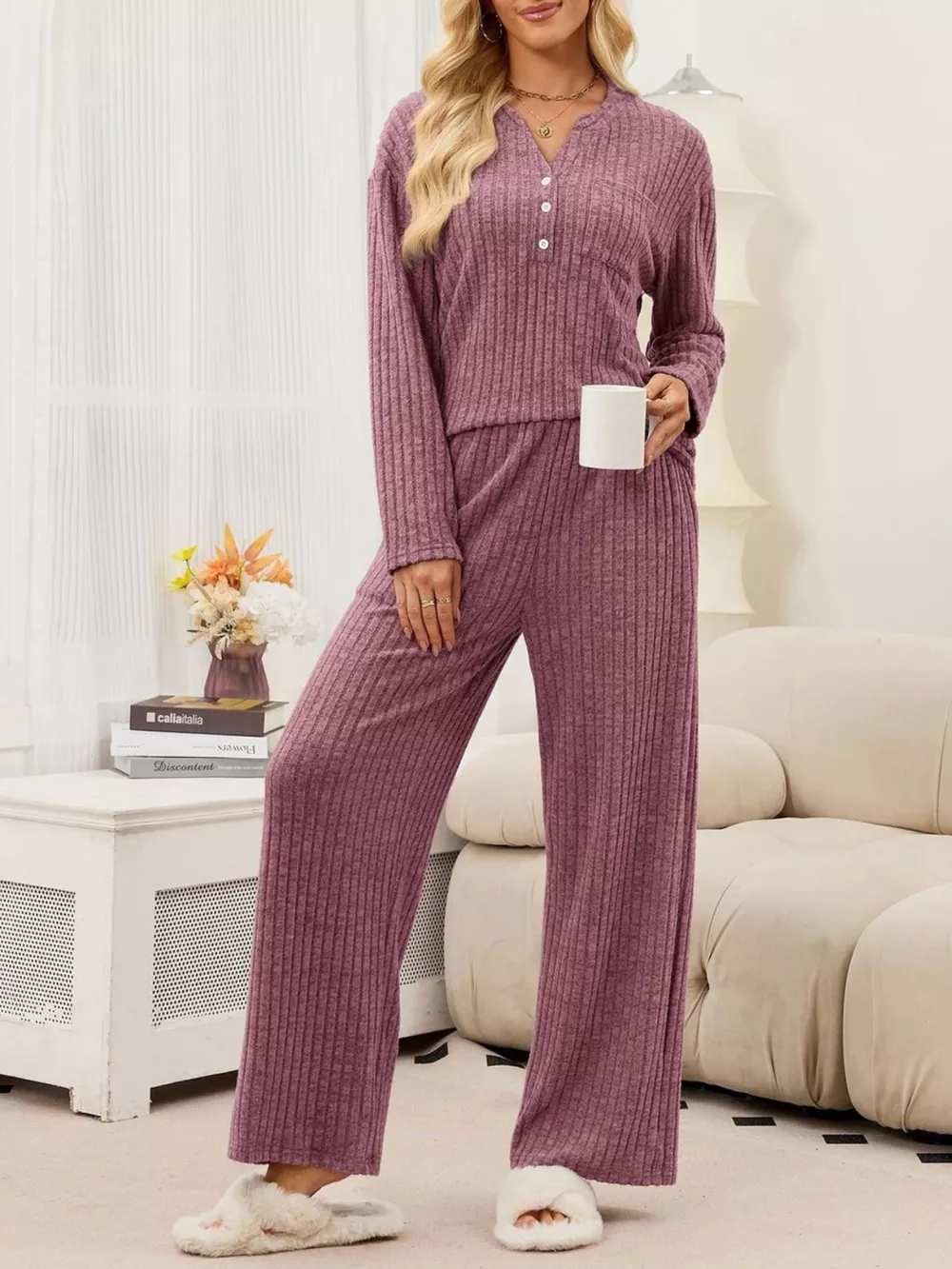 Ribbed Knit Top and Wide-Leg Pants Set, image 20