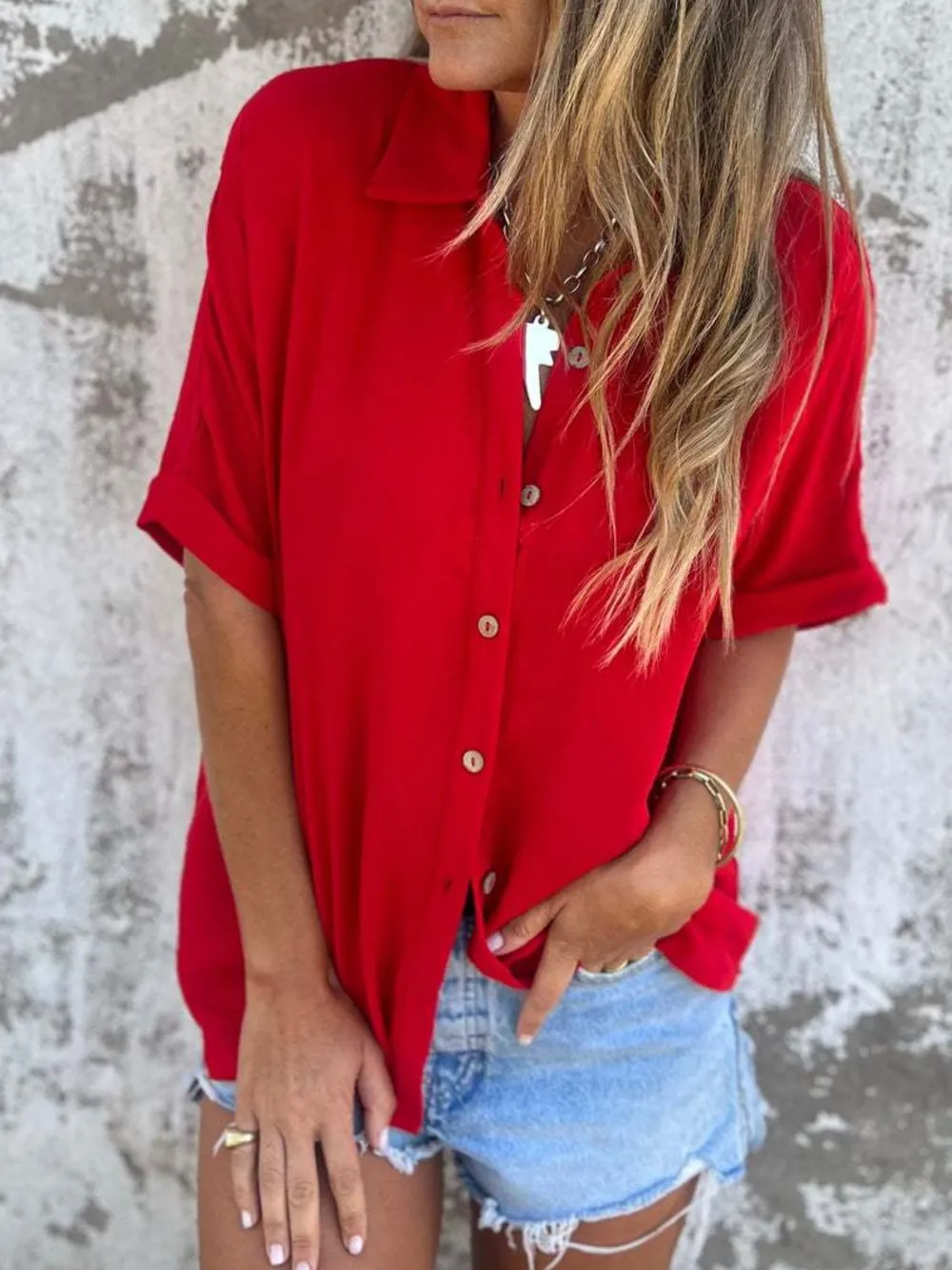 Full Size Collared Neck Half Sleeve Shirt Plus Size, image 6
