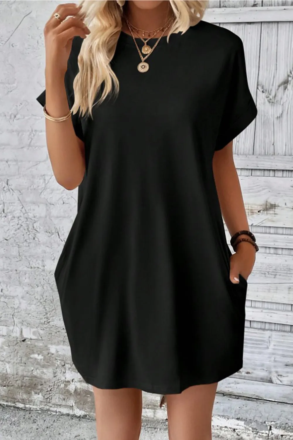 Pocketed Round Neck Short Sleeve Dress, image 27