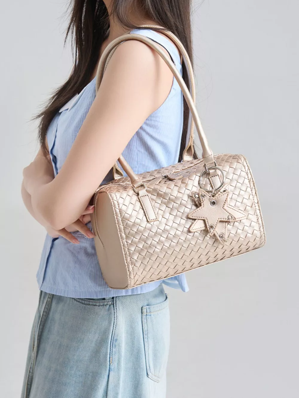 Metallic Woven Texture Shoulder Bag with Star Charm