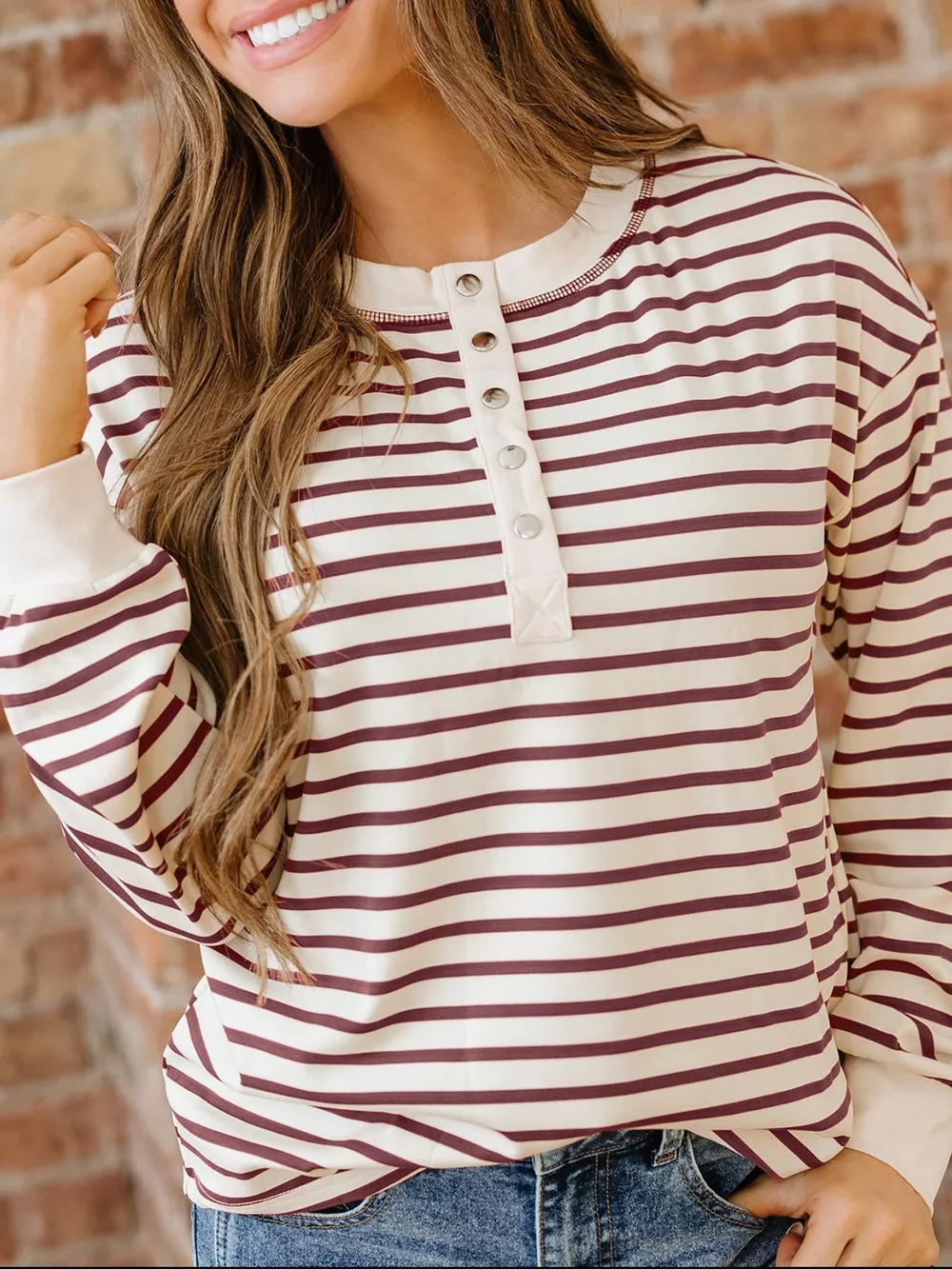 Striped Drop Shoulder Long Sleeve Henley Top, image 3