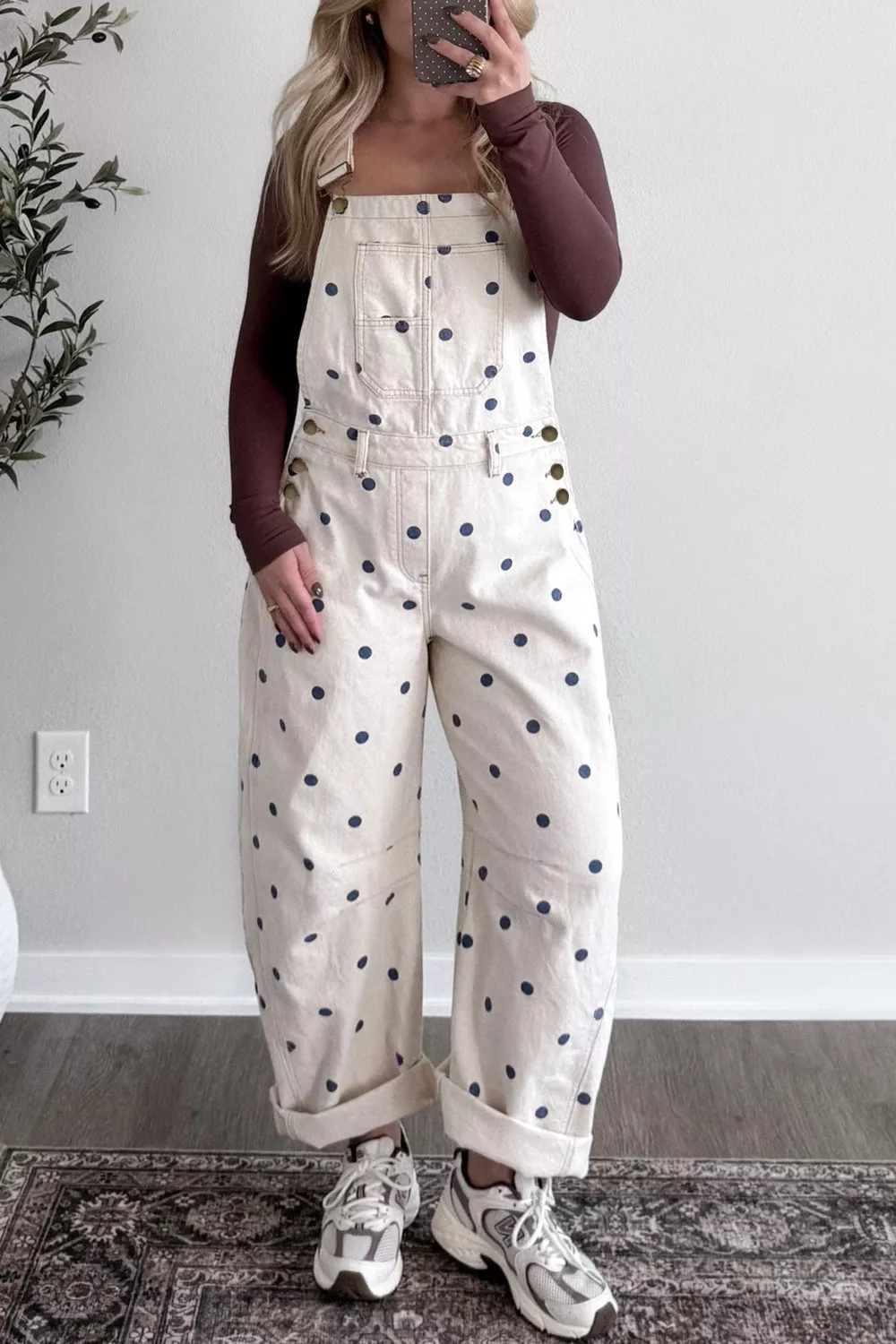 Polka Dot Print Bib Pocket Denim Barrel Overalls Jumpsuit, image 3