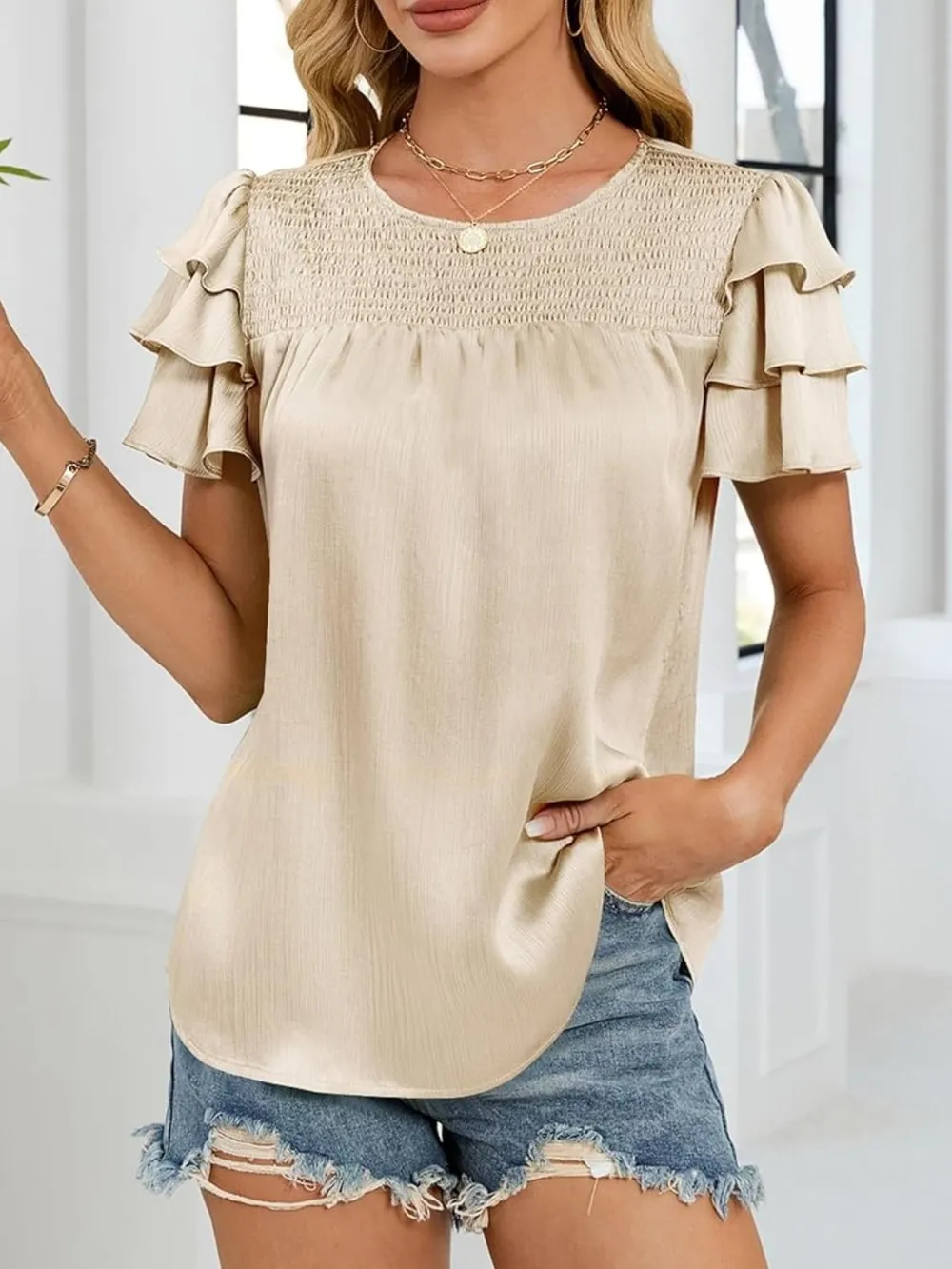 Smocked Round Neck Ruffled Layered Sleeve Blouse, image 8