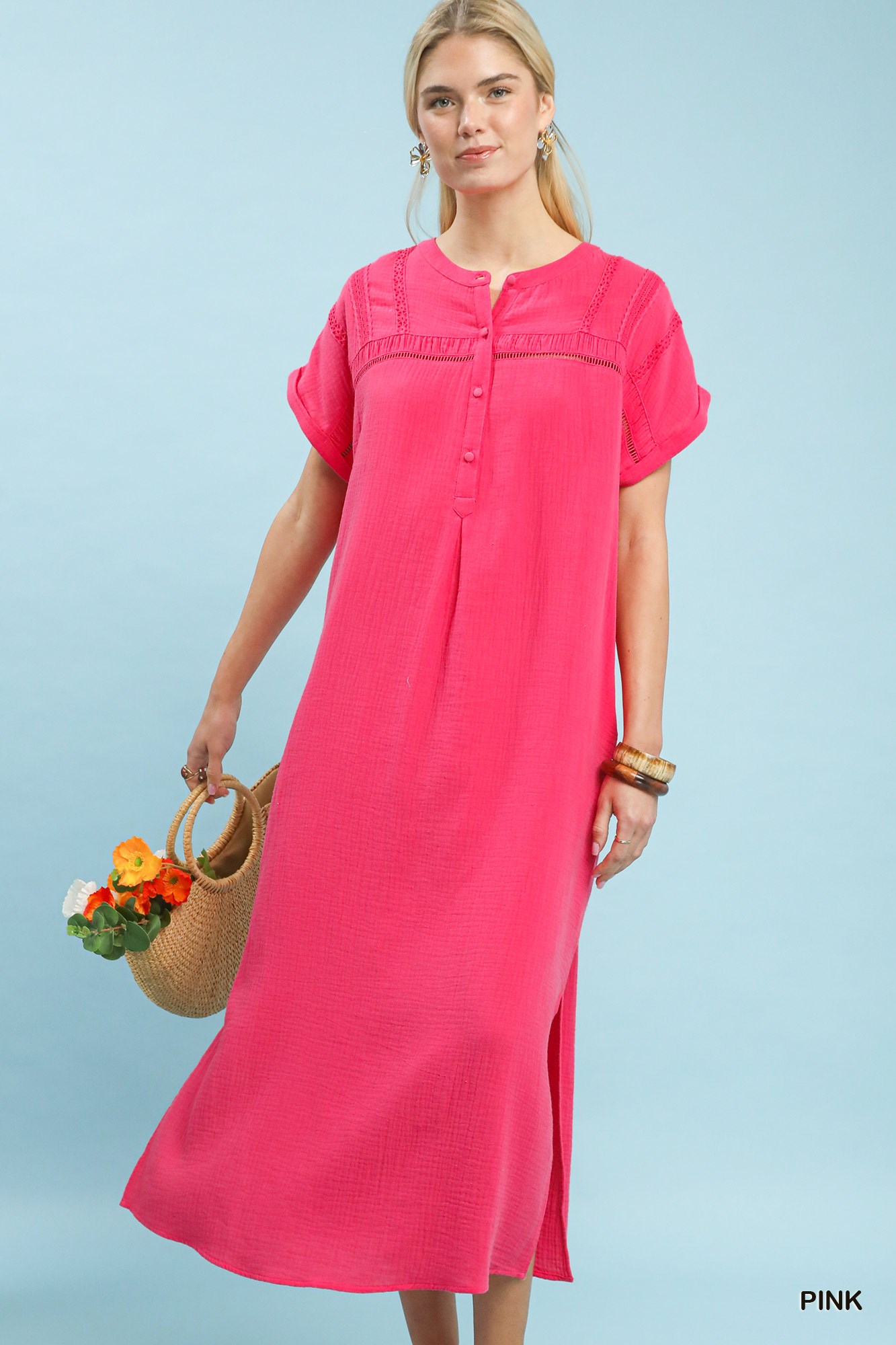 Button-Front Gauze Midi Dress with Lace Detail