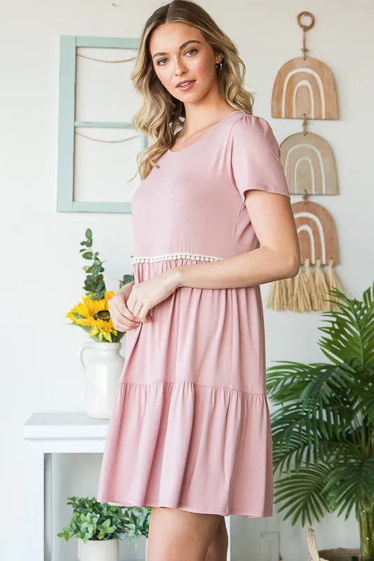 Full Size Solid Mini Tiered Dress with Pompom Lace Plus Size, image 5