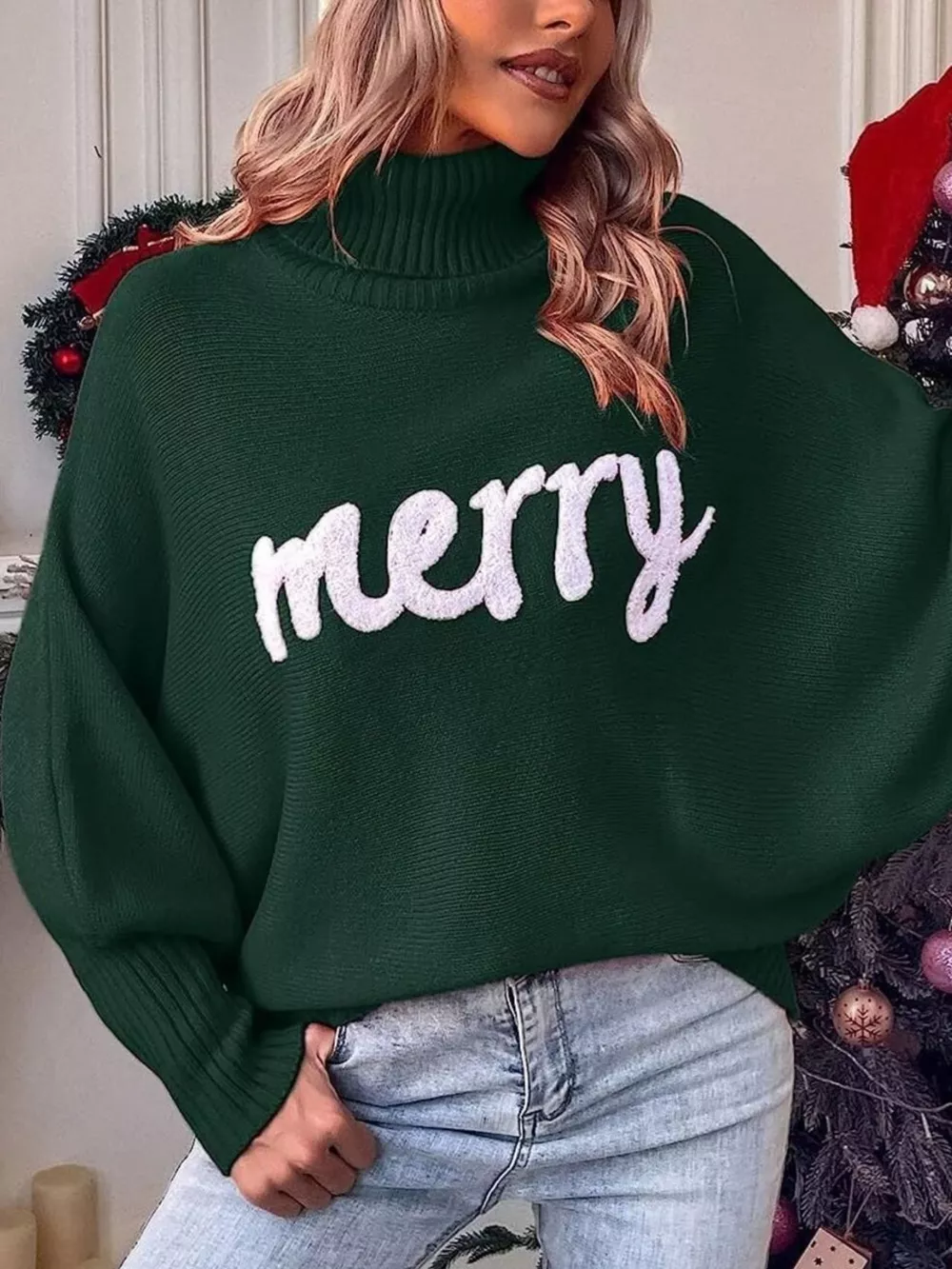 Merry Turtleneck Long Sleeve Christmas Sweater, image 6