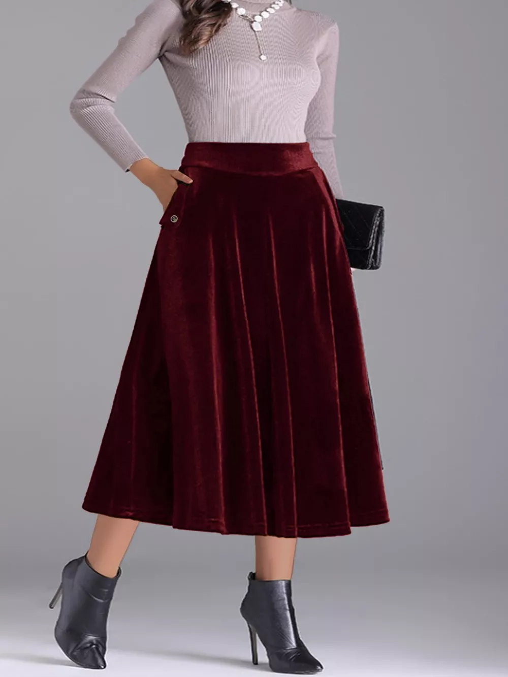 Plus Size Elegant Velvet A-Line Midi Skirt, image 8