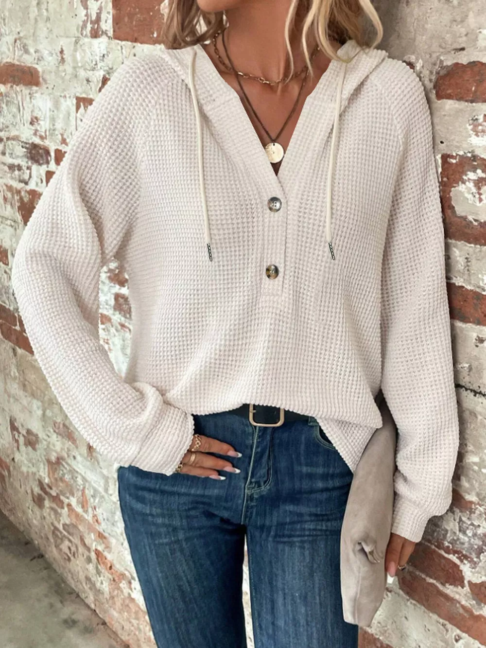 Full Size Button Detail Waffle Knit Hoodie Plus Size, image 4