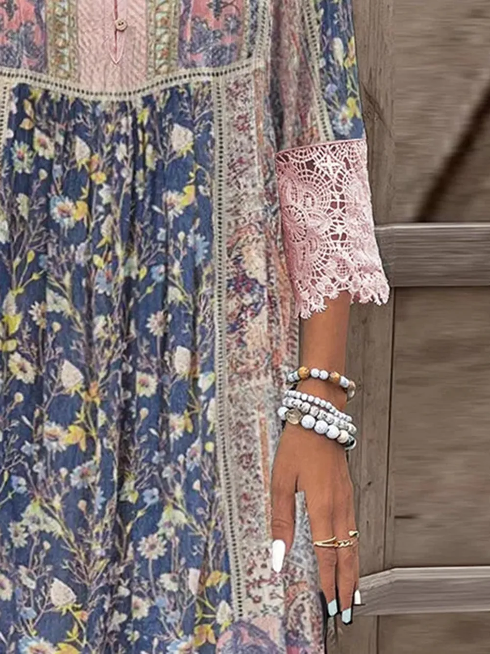 Full Size Lace Detail Printed Three-Quarter Sleeve Dress, image 2