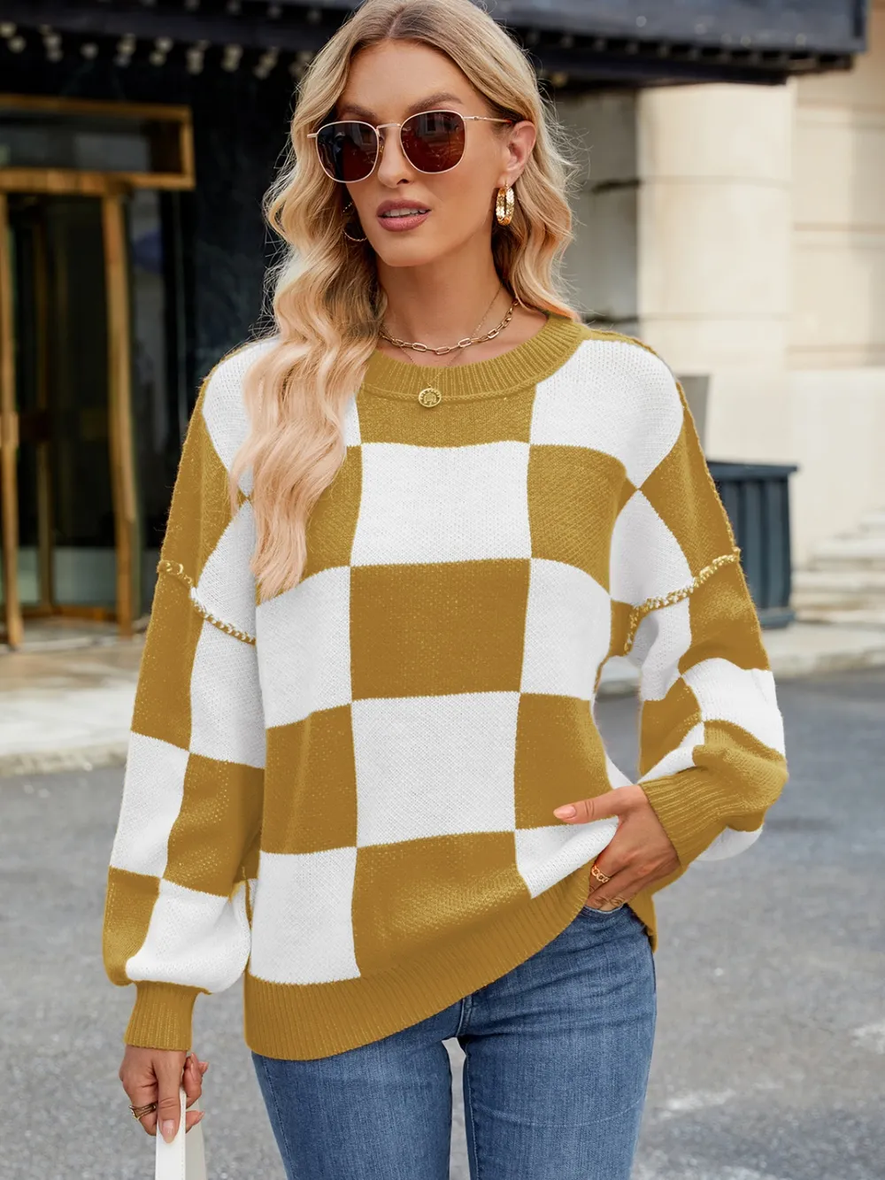 Checkered Round Neck Long Sleeve Sweater, image 4