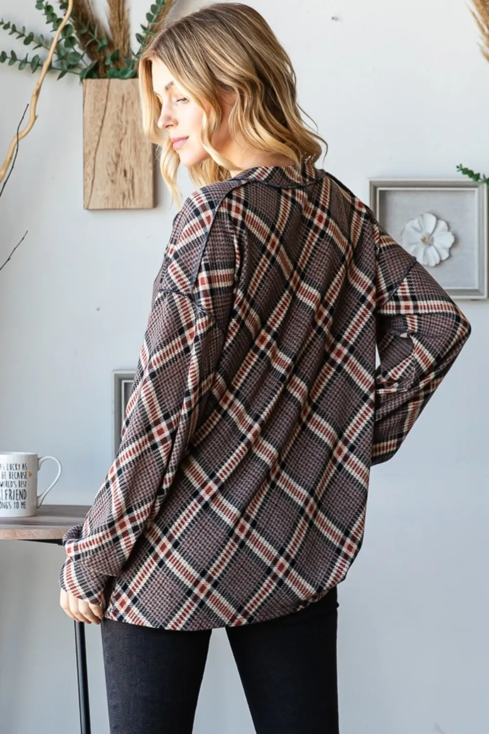 Plaid Exposed Seam V-Neck T-Shirt, image 2