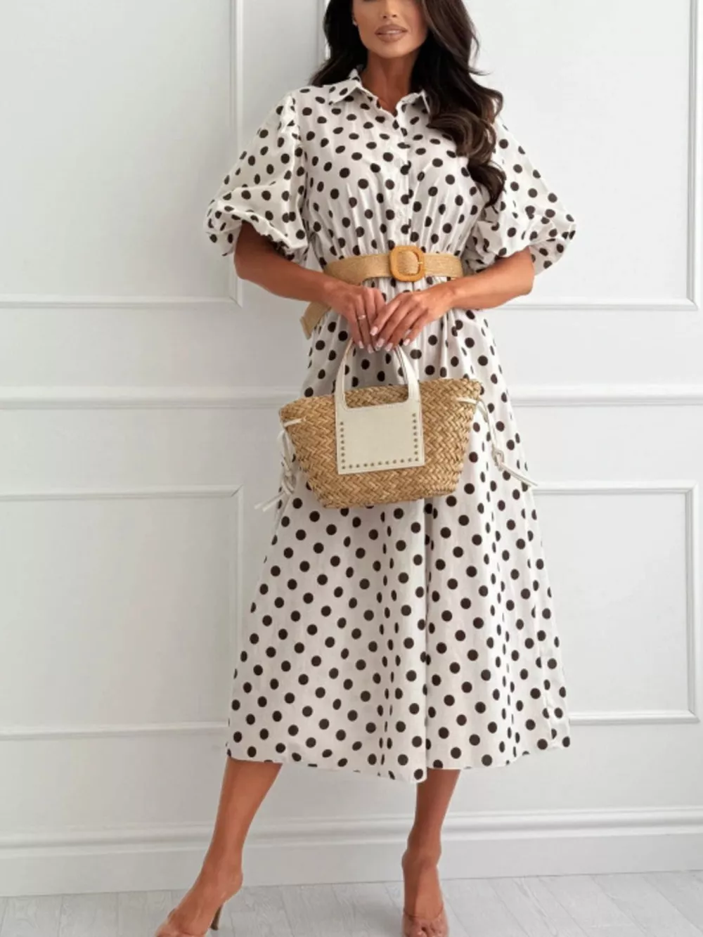 Polka Dot Puff Sleeve Midi Dress, image 4