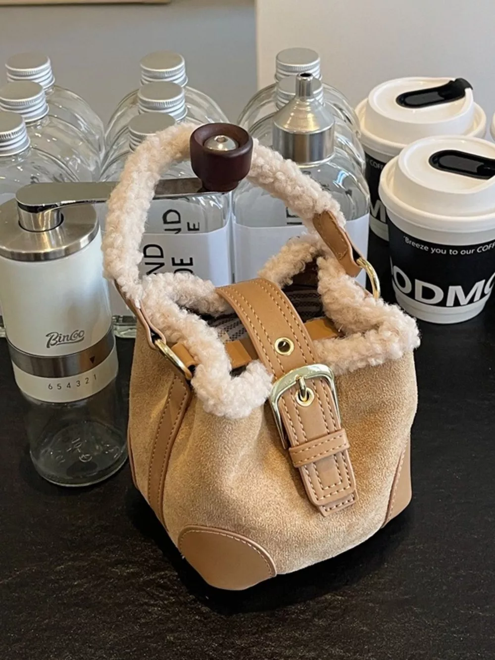 Fuzzy Trim Bucket Crossbody Bag, image 7