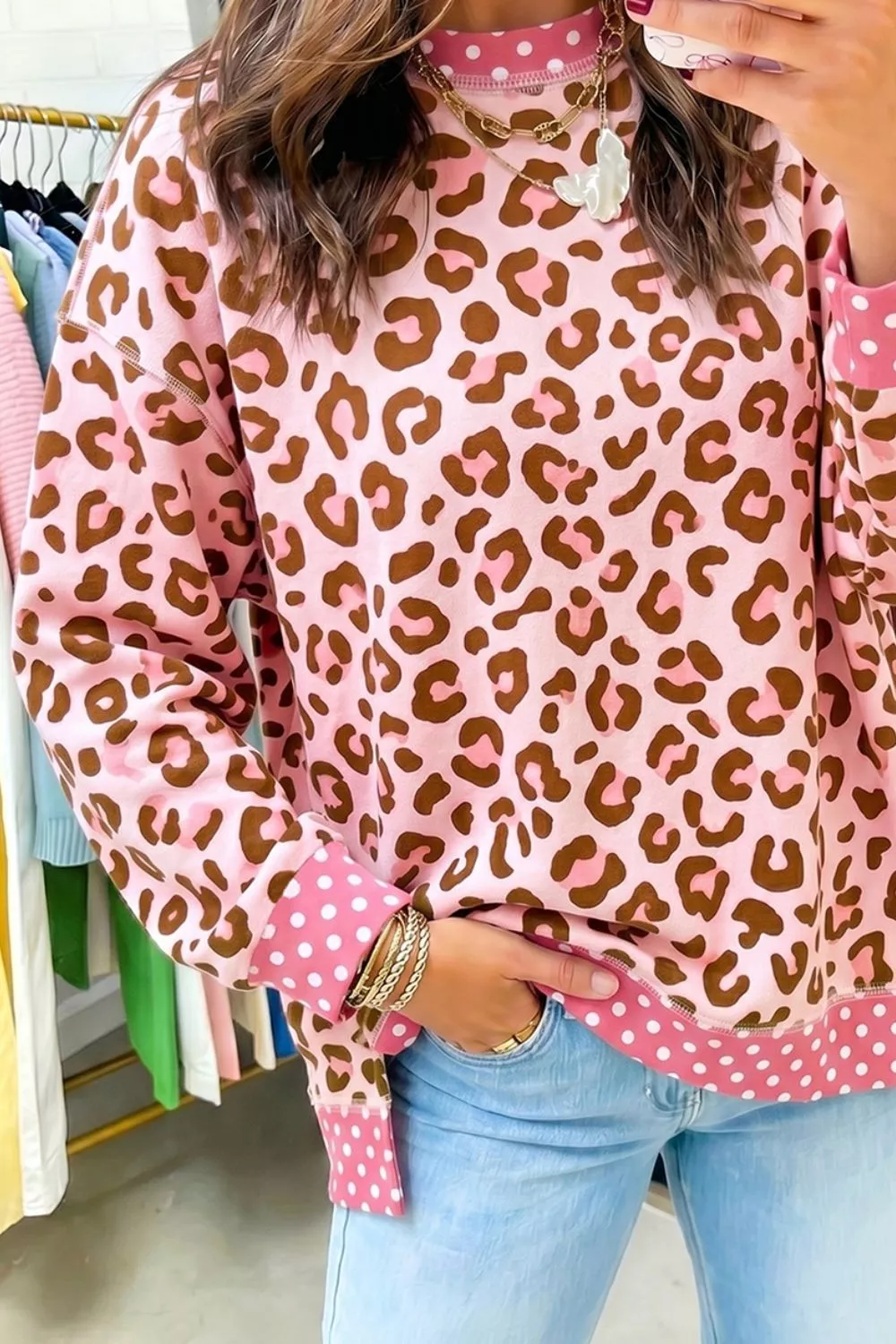 Polka Dot Contrast Trim Leopard Round Neck Sweatshirt, image 2