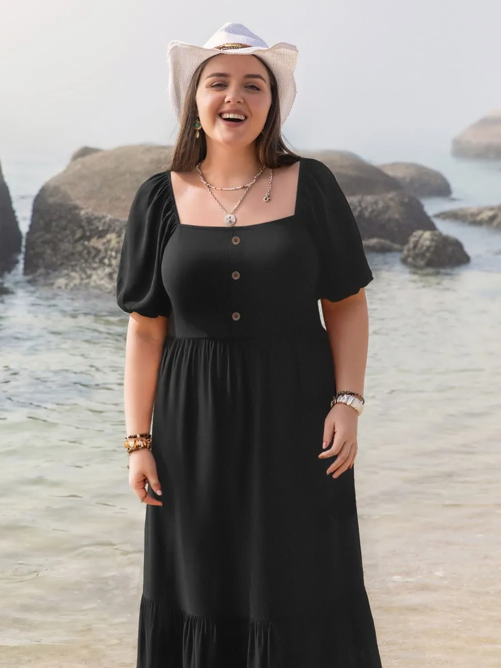 Plus Size Ruffled Hem Square Neck Short Sleeve Dress, image 3