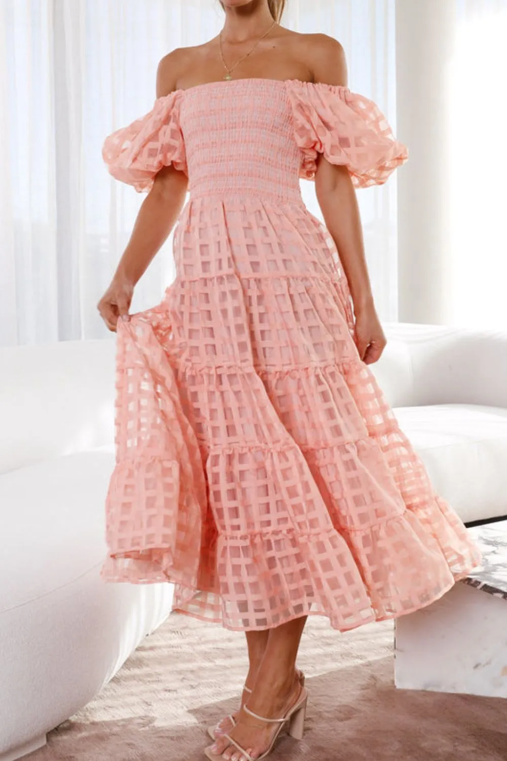 Off Shoulder Short Puff Sleeve Midi Dress, image 6