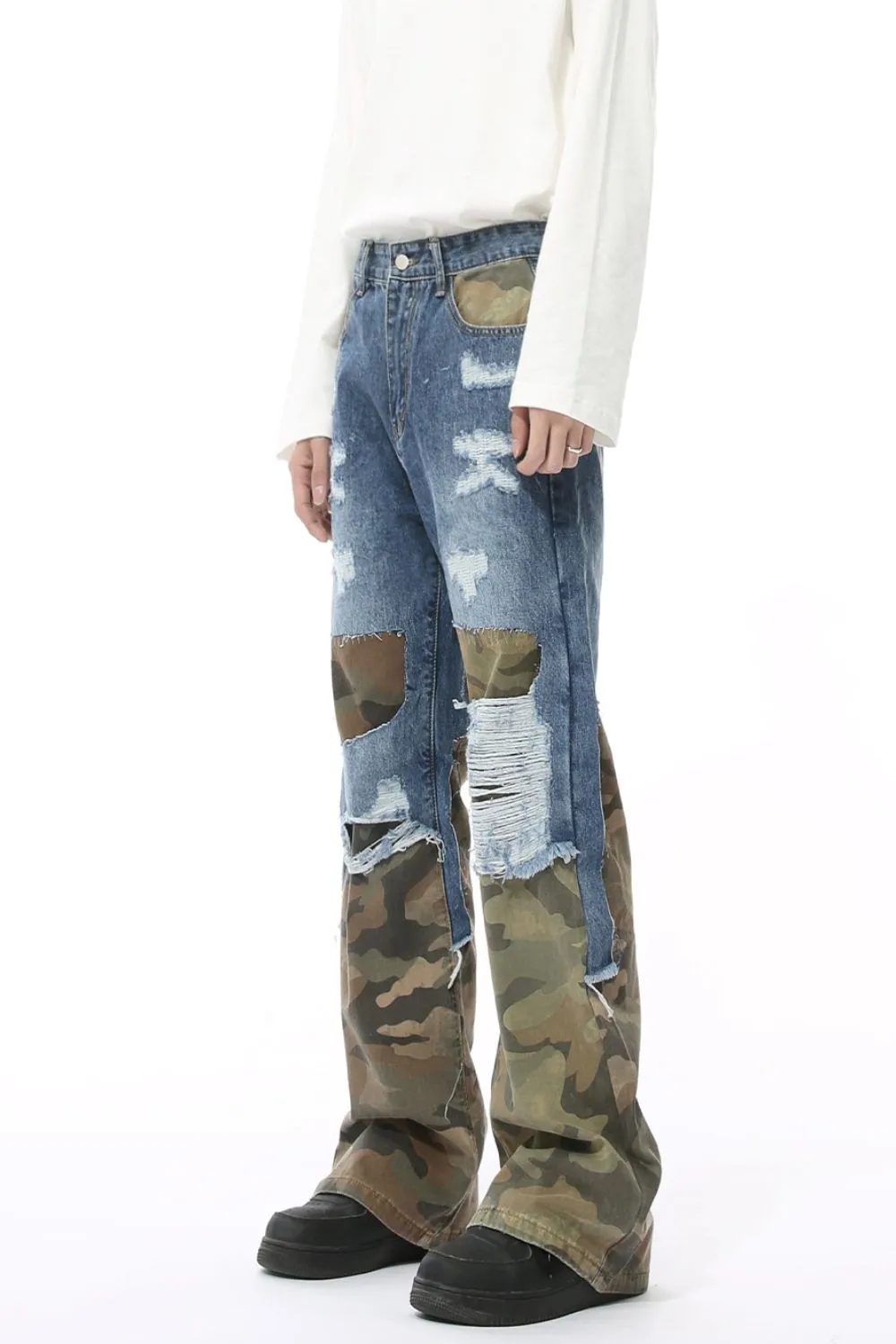 Distressed Camouflage Patchwork Jeans, image 3