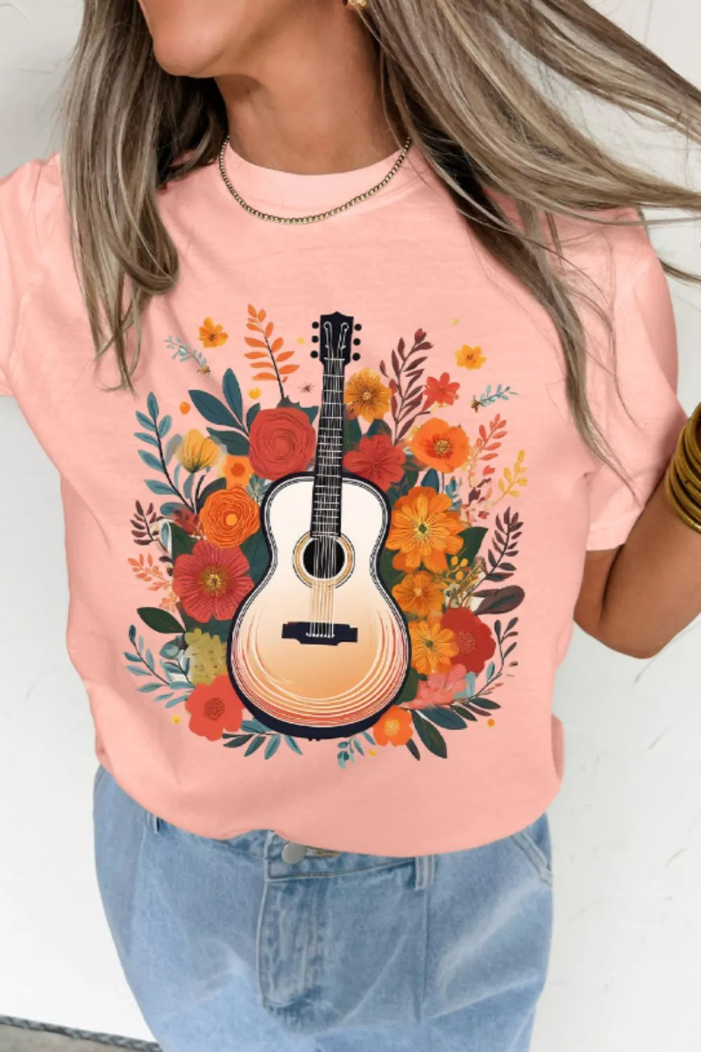 Guitar Flower Print Crew Neck Loose T Shirt, image 2